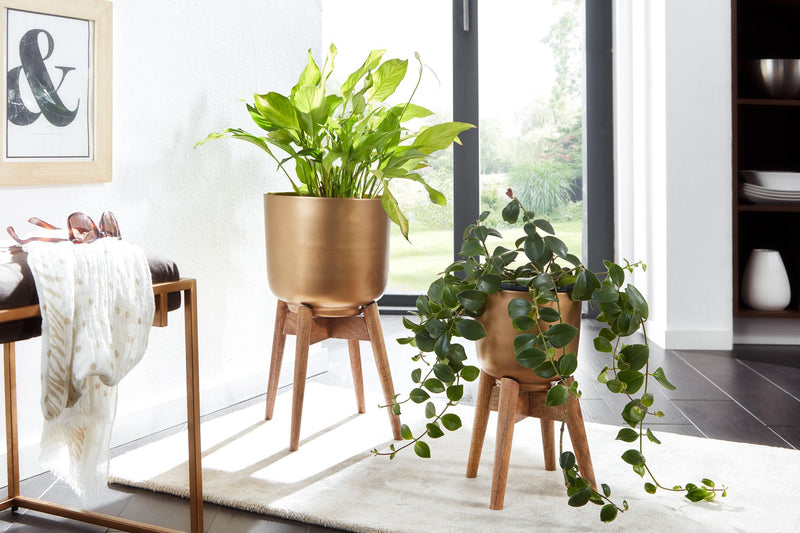 Blumentopf 2er Set Metall Massivholz Gold Rund mit Füßen