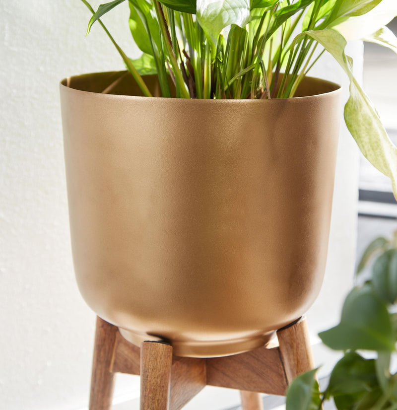 Blumentopf 2er Set Metall Massivholz Gold Rund mit Füßen