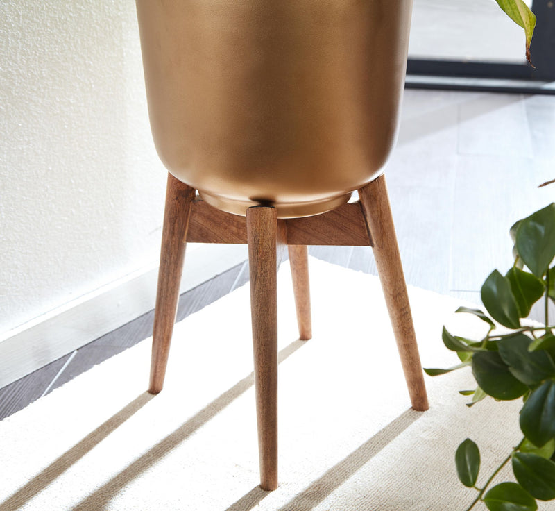 Blumentopf 2er Set Metall Massivholz Gold Rund mit Füßen