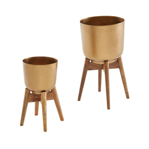 Blumentopf 2er Set Metall Massivholz Gold Rund mit Füßen in zwei Größen mit goldenem Behälter und Holzbeinen.