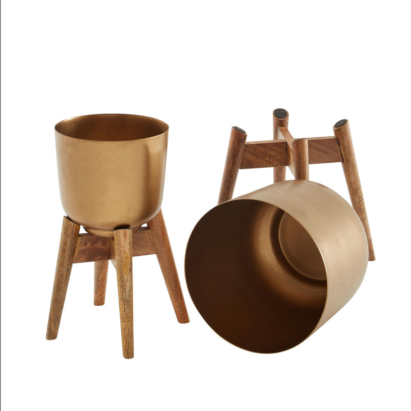 Blumentopf 2er Set Metall Massivholz Gold Rund mit Füßen