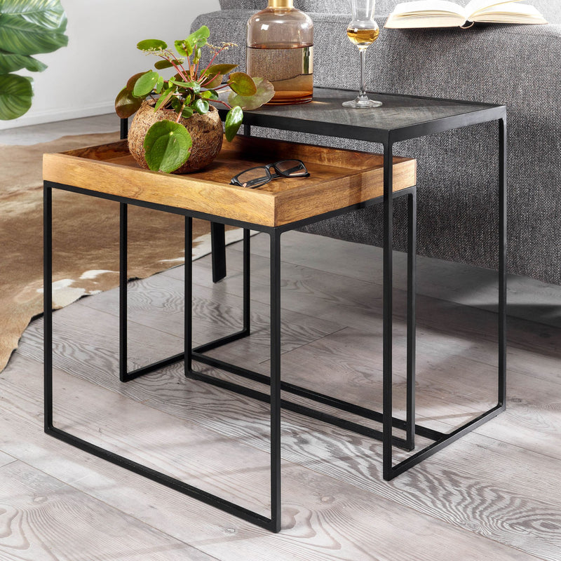 Wohnzimmertisch 2er Set Mango Massivholz Steinoptik Industrial Design