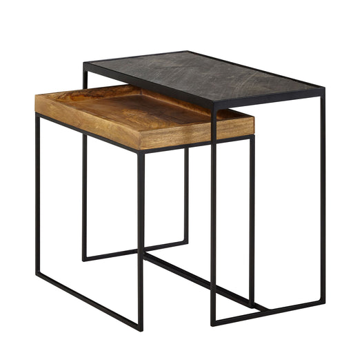 Wohnzimmertisch 2er Set Mango Massivholz Steinoptik Industrial Design mit verschachtelten Tischen in Gesamtansicht.