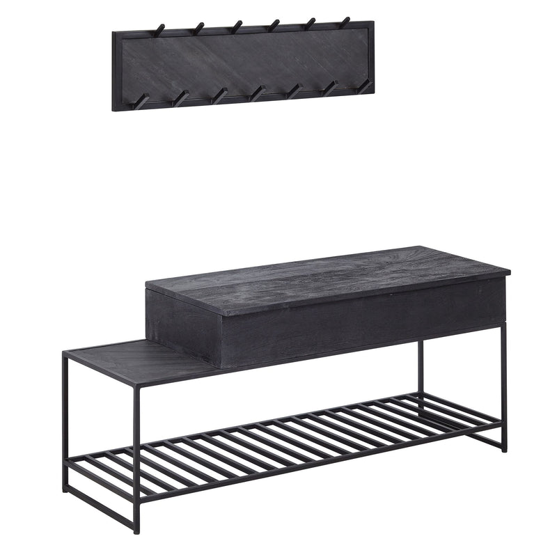 Garderoben-Set Sitzbank Wandgarderobe Mango Massiv Schwarz 110cm Industrial