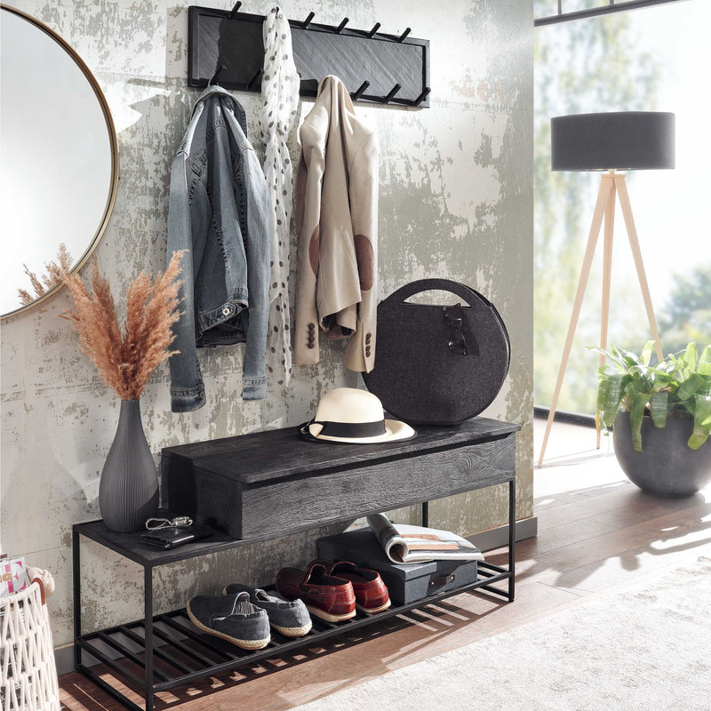 Garderoben-Set Sitzbank Wandgarderobe Mango Massiv Schwarz 110cm Industrial