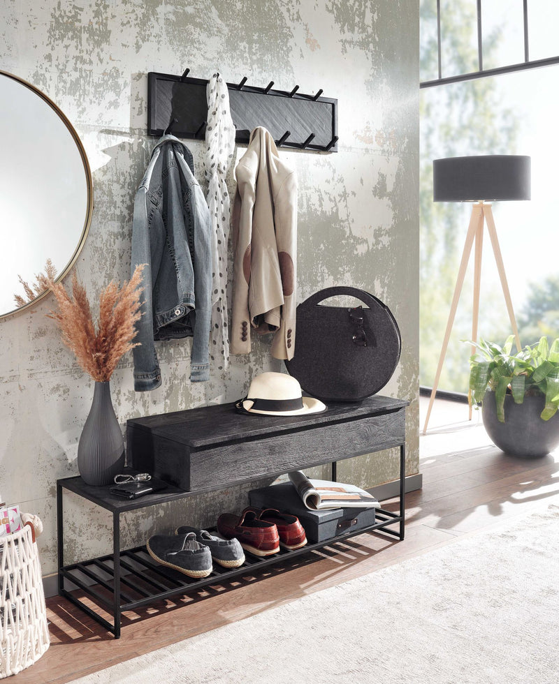 Garderoben-Set Sitzbank Wandgarderobe Mango Massiv Schwarz 110cm Industrial