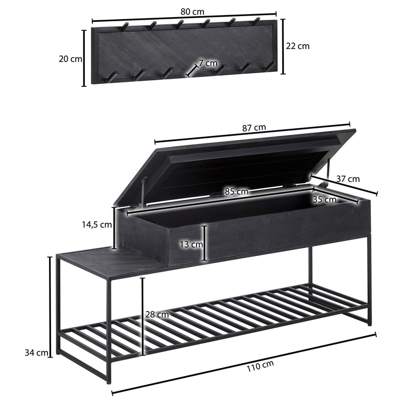 Garderoben-Set Sitzbank Wandgarderobe Mango Massiv Schwarz 110cm Industrial