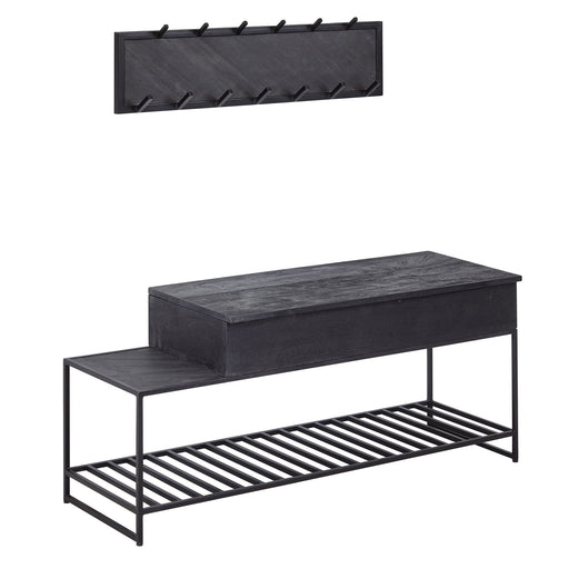 Garderoben-Set Sitzbank Wandgarderobe Mango Massiv Schwarz 110cm in Gesamtansicht mit Wandgarderobe und Stauraum-Sitzbank.