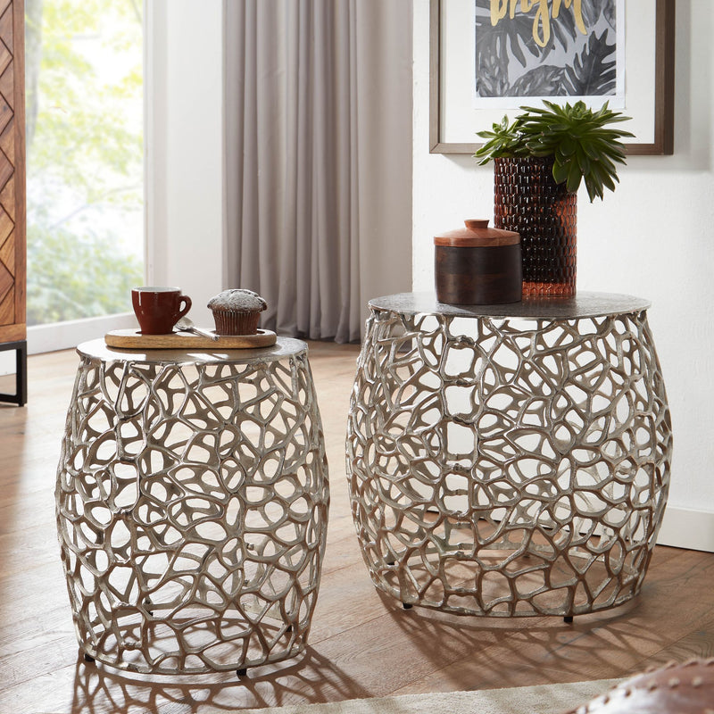 Beistelltisch 2er Set Aluminium Silber Rund Modern Wohnzimmer