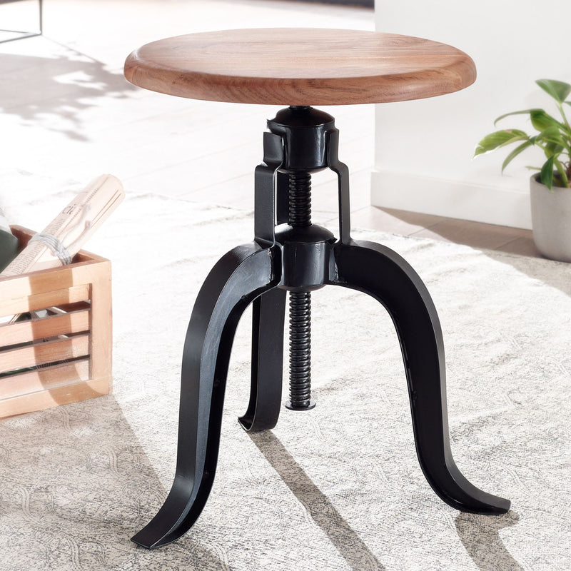 Drehhocker Akazie Massivholz Metall Schwarz Höhenverstellbar Industrie