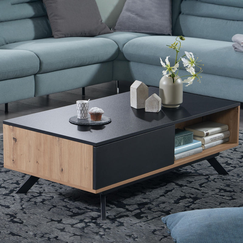 Couchtisch 110x60x38cm MDF Eiche-Dekor Schwarz mit Stauraum Schubladen