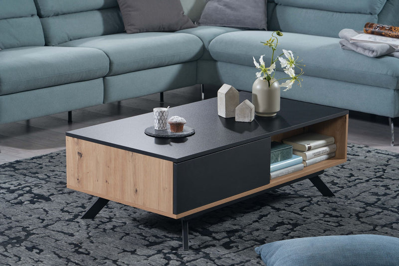 Couchtisch 110x60x38cm MDF Eiche-Dekor Schwarz mit Stauraum Schubladen