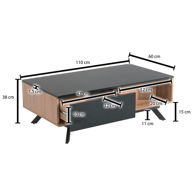 Couchtisch 110x60x38cm MDF Eiche-Dekor Schwarz mit Stauraum Schubladen