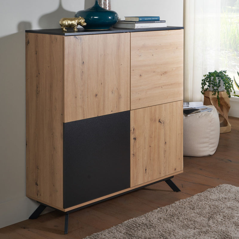 Highboard 110x125x40cm MDF Eiche-Dekor Schwarz 4 Türen Metallbeine Modern