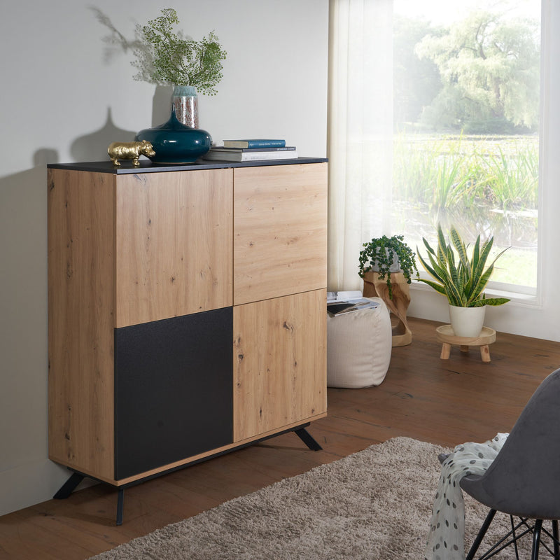 Highboard 110x125x40cm MDF Eiche-Dekor Schwarz 4 Türen Metallbeine Modern
