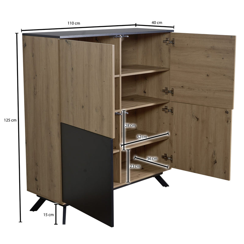 Highboard 110x125x40cm MDF Eiche-Dekor Schwarz 4 Türen Metallbeine Modern
