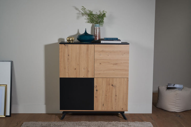 Highboard 110x125x40cm MDF Eiche-Dekor Schwarz 4 Türen Metallbeine Modern