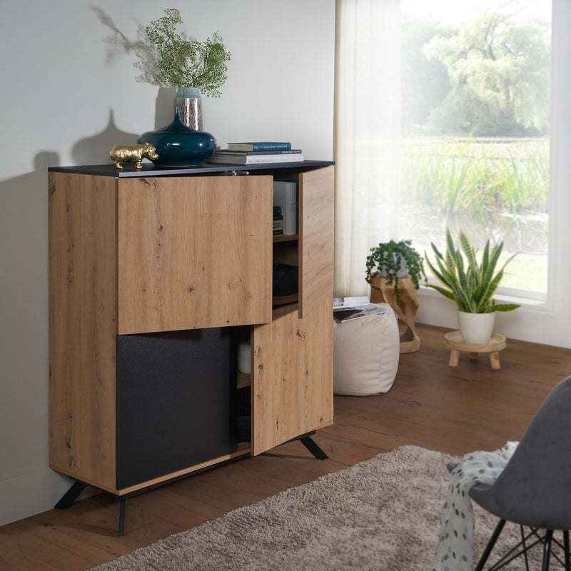 Highboard 110x125x40cm MDF Eiche-Dekor Schwarz 4 Türen Metallbeine Modern