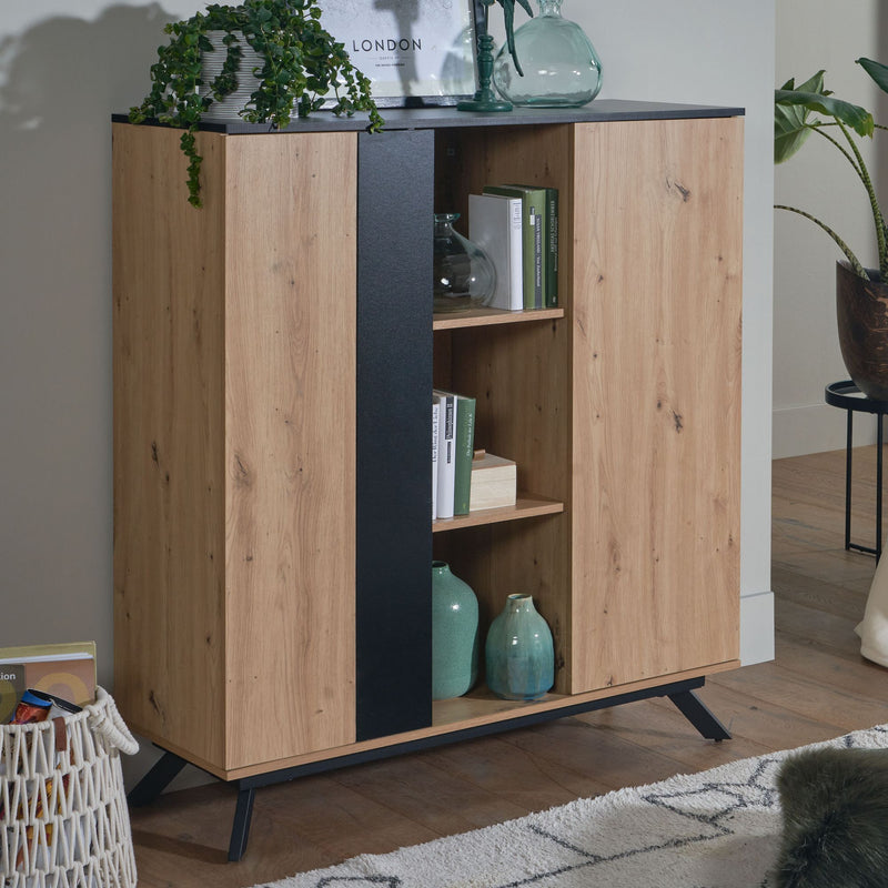 Highboard 110x125x40cm MDF Eiche-Dekor Schwarz 2 Türen Metallbeine