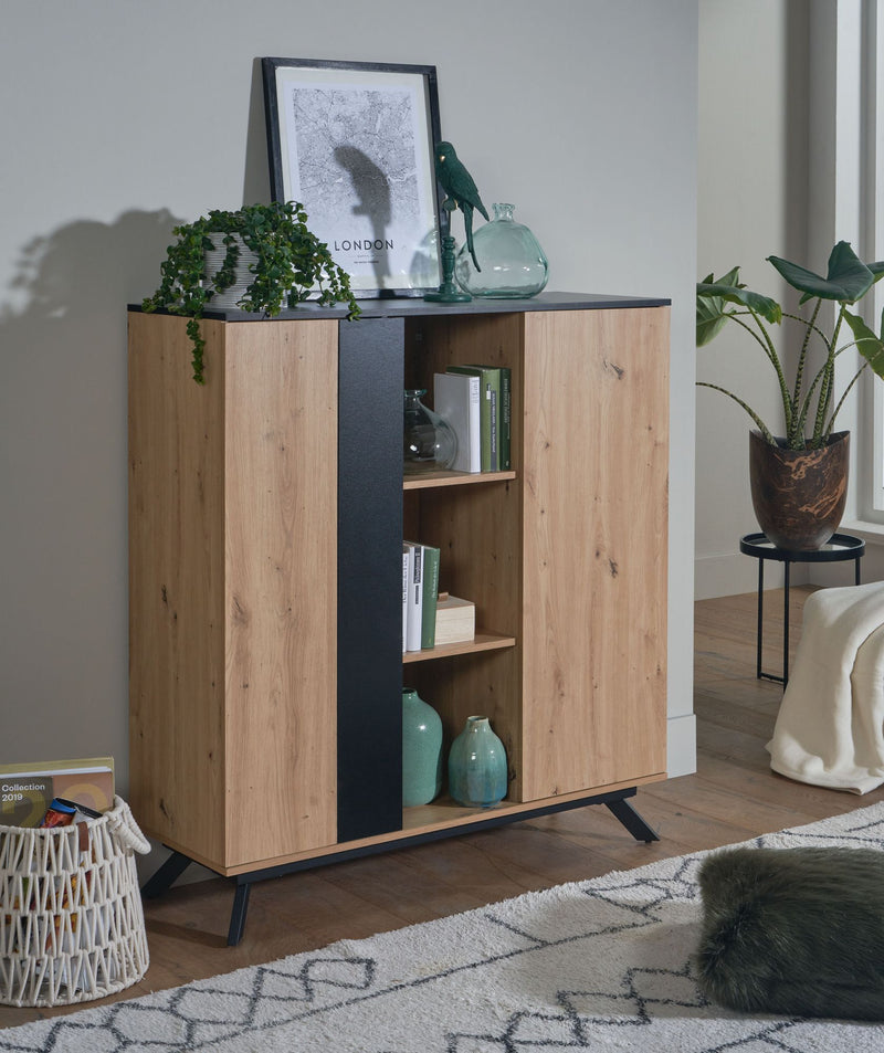 Highboard 110x125x40cm MDF Eiche-Dekor Schwarz 2 Türen Metallbeine