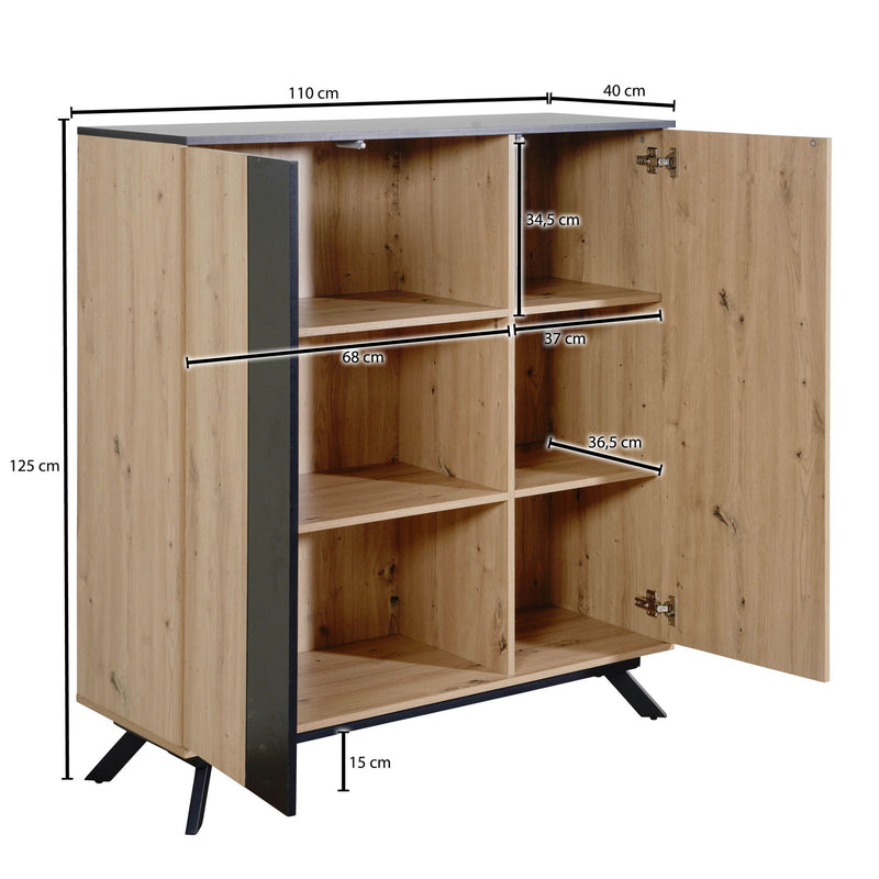 Highboard 110x125x40cm MDF Eiche-Dekor Schwarz 2 Türen Metallbeine