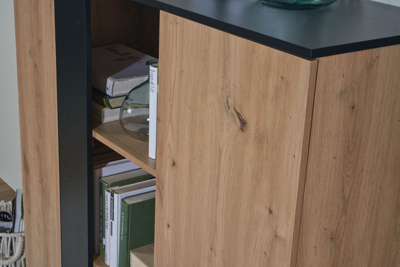 Highboard 110x125x40cm MDF Eiche-Dekor Schwarz 2 Türen Metallbeine
