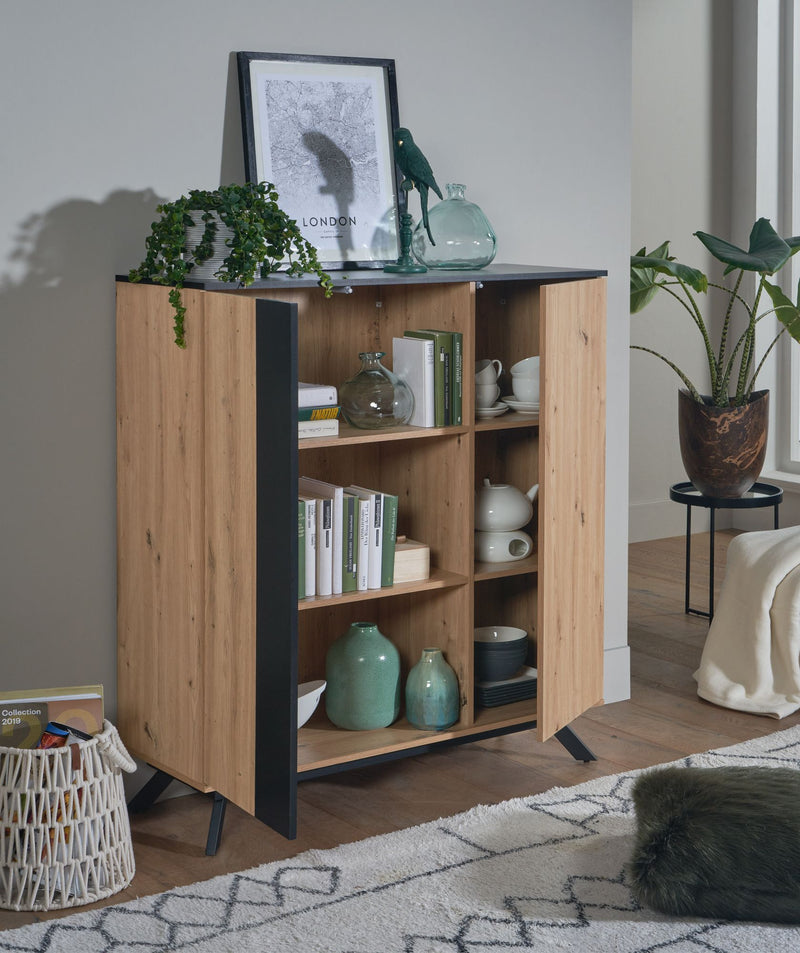 Highboard 110x125x40cm MDF Eiche-Dekor Schwarz 2 Türen Metallbeine