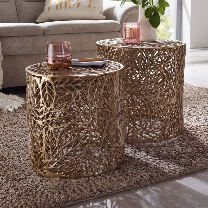 Beistelltisch 2er Set Aluminium Gold Rund Modern Blumenmuster