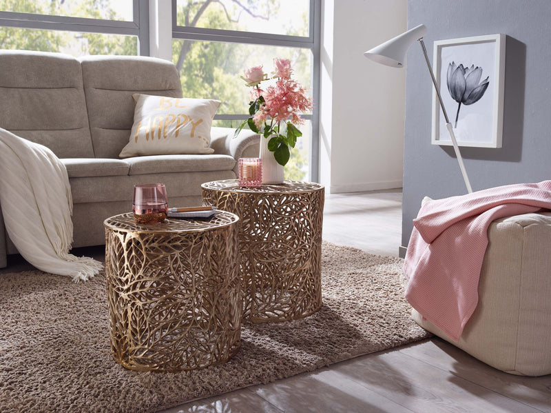 Beistelltisch 2er Set Aluminium Gold Rund Modern Blumenmuster