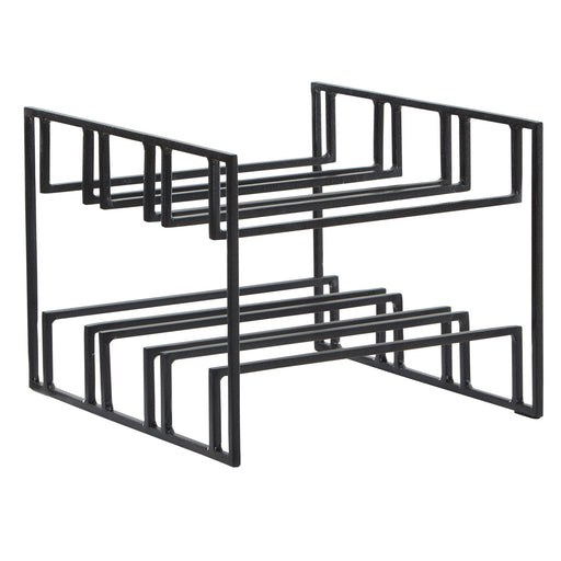 Weinregal 6 Flaschen Metall Schwarz Modern in Gesamtansicht mit zwei Etagen und geometrischem Stahlrahmen.