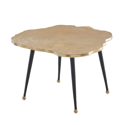 Couchtisch Aluminium Baumscheibe mit organischer Tischplatte in Gold und vier schwarzen Beinen mit Messingkugeln.