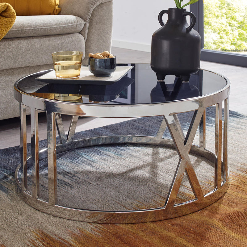 Couchtisch Glas Metall 60x60x30cm Rund Silber Modern Wohnzimmer