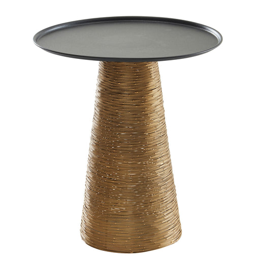 Beistelltisch Gold Schwarz mit schwarzer Metallplatte und geflochtenem goldenem Fuß in Kegelform, Gesamtansicht.