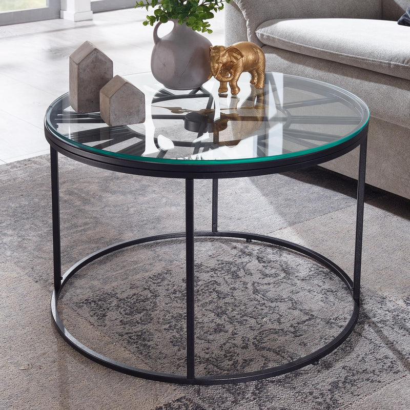 Couchtisch Glas Metall 60x60x43cm Schwarz Rund Modern Wohnzimmer
