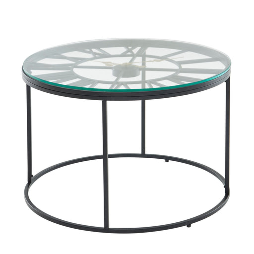 Runder Couchtisch Glas Metall mit schwarzem Metallgestell und Glasplatte, Gesamtansicht.