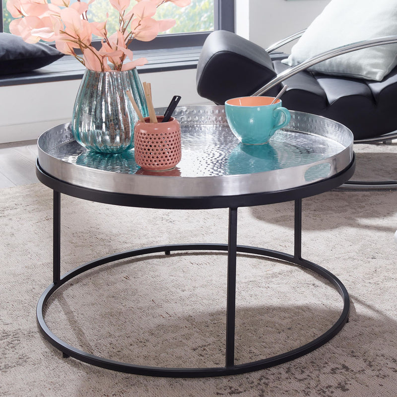 Couchtisch Hammerschlag Metall 62x62x36cm Aluminium Silber Schwarz Rund
