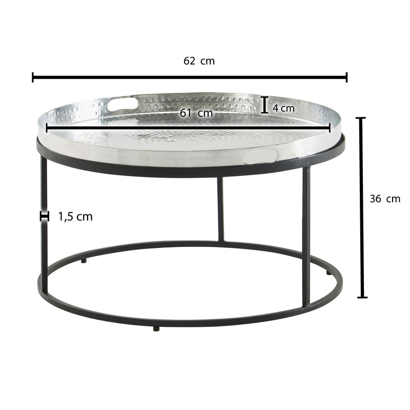 Couchtisch Hammerschlag Metall 62x62x36cm Aluminium Silber Schwarz Rund