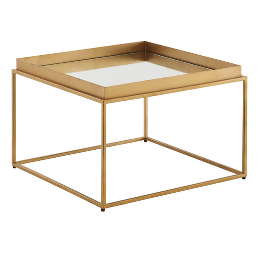 Couchtisch Glas Metall mit goldener Metallrahmen und weißer Glasplatte in Gesamtansicht.