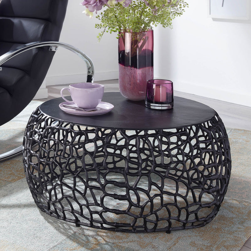 Couchtisch Aluminium Rund Schwarz 66x66x30cm Ast-Struktur Modern