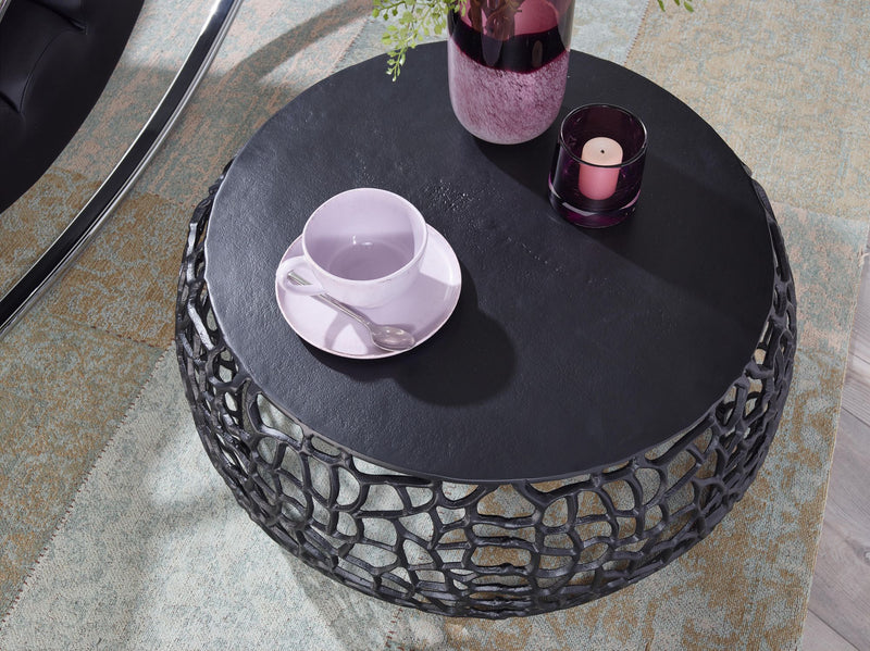 Couchtisch Aluminium Rund Schwarz 66x66x30cm Ast-Struktur Modern
