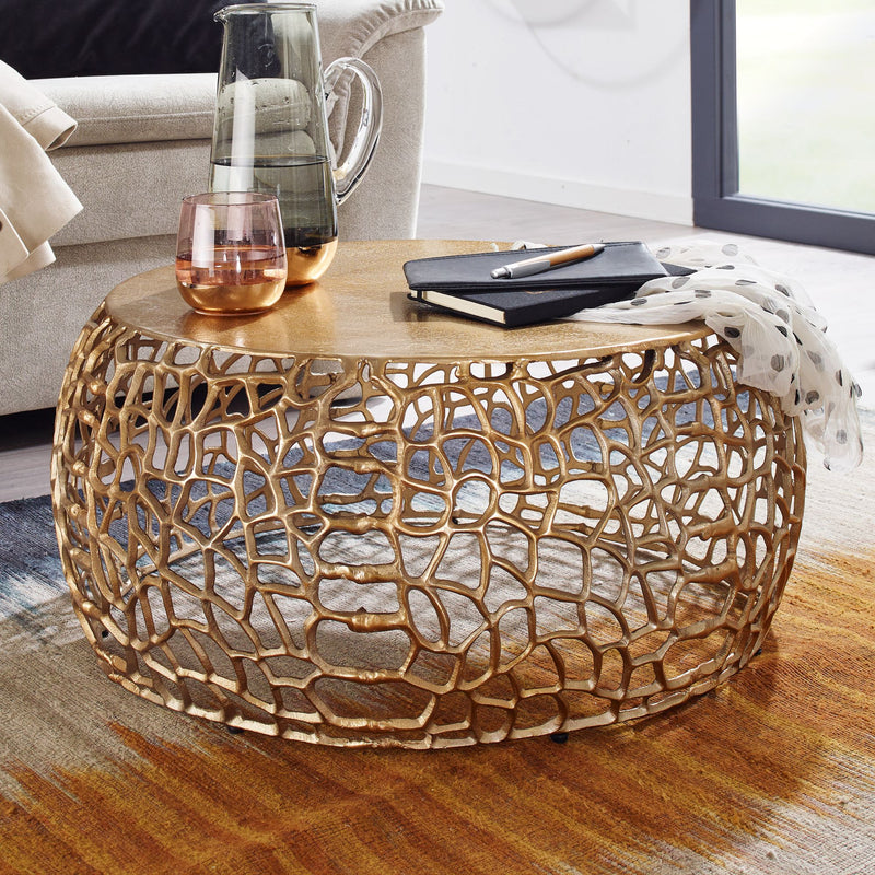 Couchtisch Metall Gold 66x66x30cm Rund Aluminium Ast-Struktur Modern