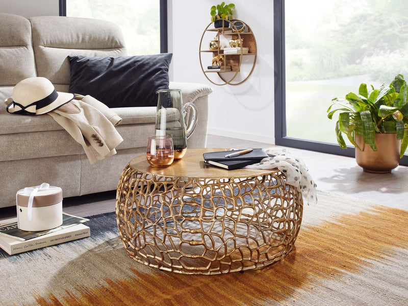 Couchtisch Metall Gold 66x66x30cm Rund Aluminium Ast-Struktur Modern