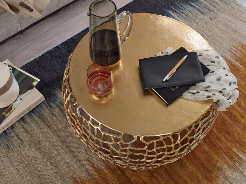 Couchtisch Metall Gold 66x66x30cm Rund Aluminium Ast-Struktur Modern