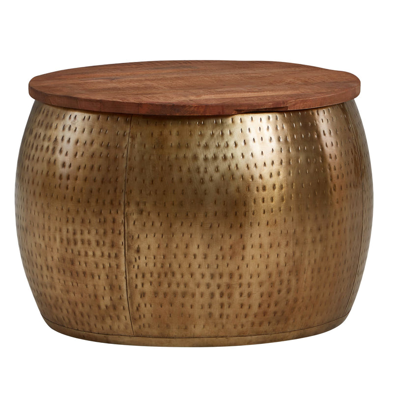 Couchtisch Mango Massivholz Metall Gold Rund Stauraum abnehmbare Platte