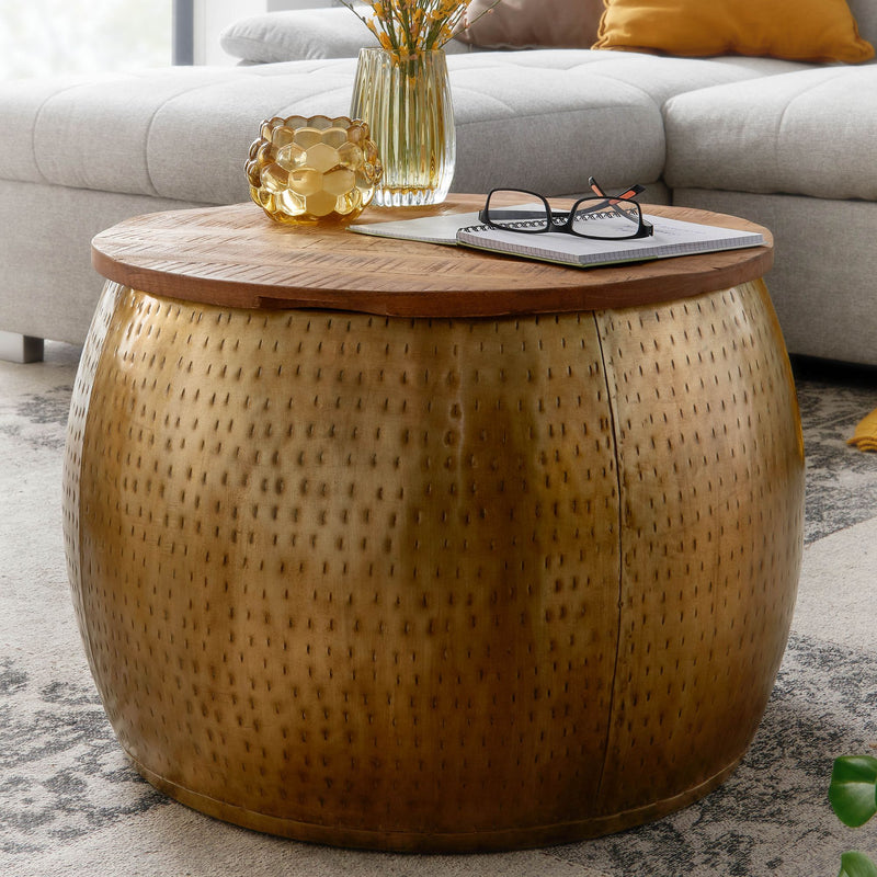 Couchtisch Mango Massivholz Metall Gold Rund Stauraum abnehmbare Platte