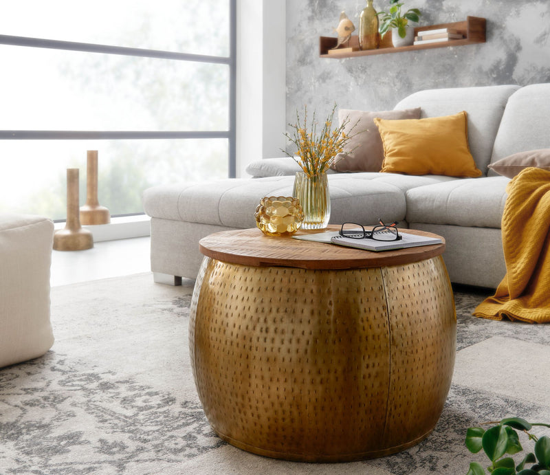 Couchtisch Mango Massivholz Metall Gold Rund Stauraum abnehmbare Platte