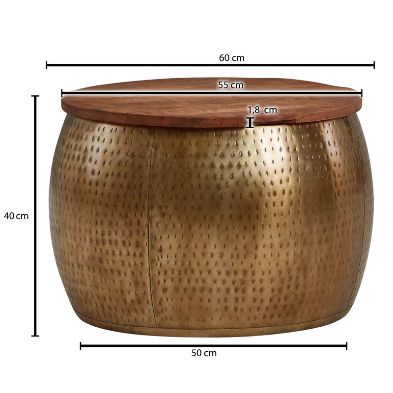 Couchtisch Mango Massivholz Metall Gold Rund Stauraum abnehmbare Platte