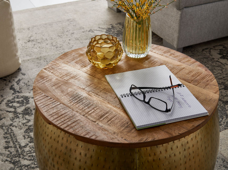 Couchtisch Mango Massivholz Metall Gold Rund Stauraum abnehmbare Platte