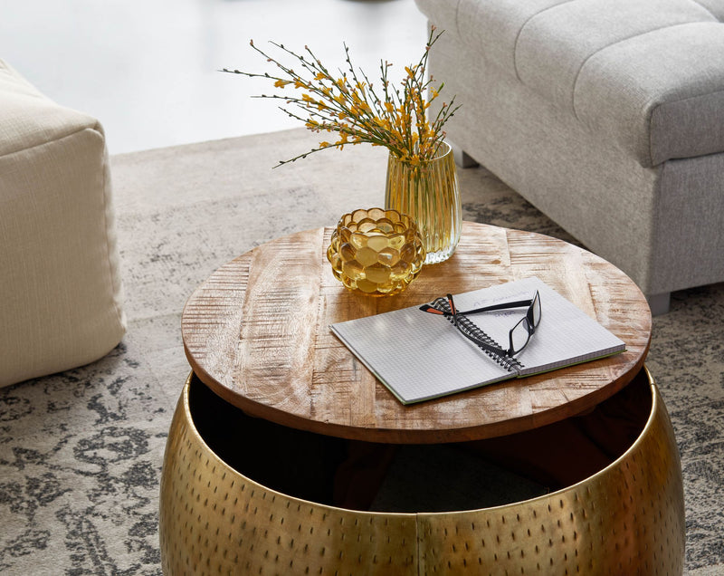 Couchtisch Mango Massivholz Metall Gold Rund Stauraum abnehmbare Platte