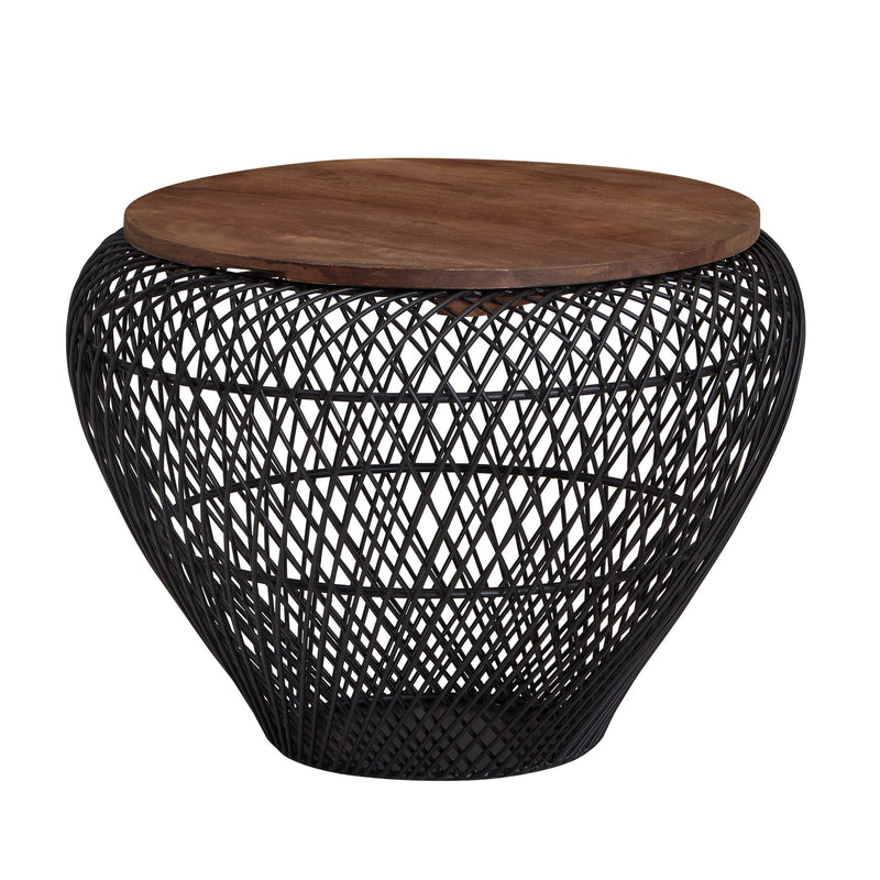 Couchtisch Mango Massivholz Metall Rund Schwarz mit Stauraum Modern
